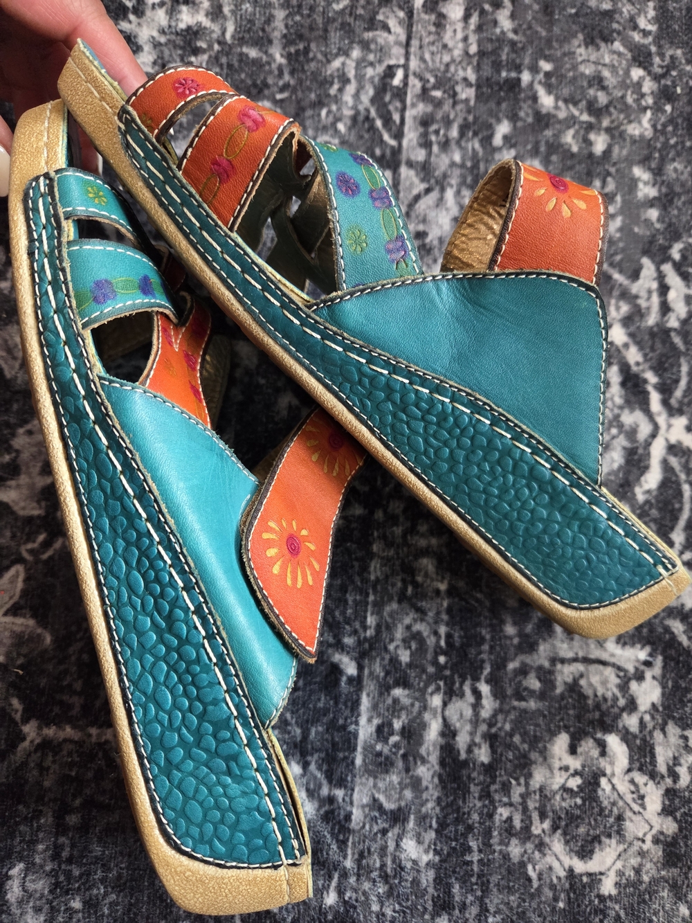 L'ATISTE Teal and Orange Floral Multi-Strap Slide Sandals - Picture 4 of 9
